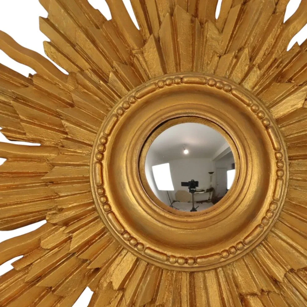 Miroir convexe en bois vintage en forme de soleil, doré, 46 cm