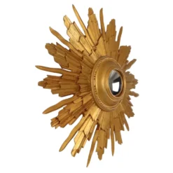 Miroir convexe en bois vintage en forme de soleil, doré, 46 cm