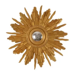 Miroir convexe en bois vintage en forme de soleil, doré, 46 cm