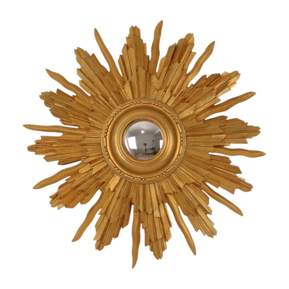 Miroir convexe en bois vintage en forme de soleil, doré, 46 cm