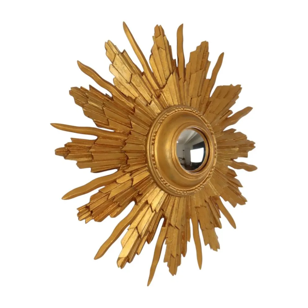 Miroir convexe en bois vintage en forme de soleil, doré, 46 cm