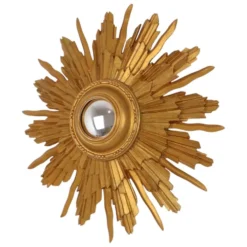 Miroir convexe en bois vintage en forme de soleil, doré, 46 cm