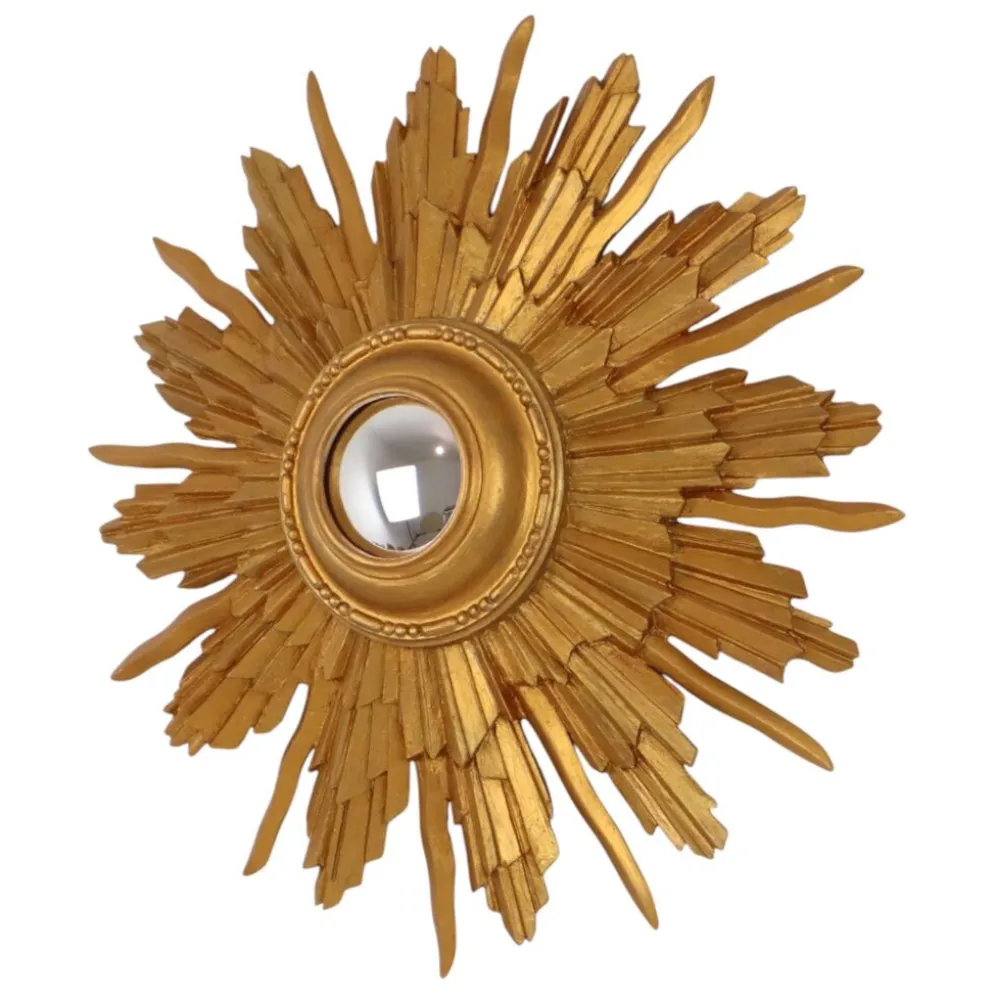 Miroir convexe en bois vintage en forme de soleil, doré, 46 cm