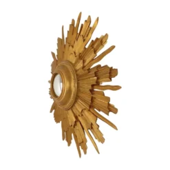 Miroir convexe en bois vintage en forme de soleil, doré, 46 cm