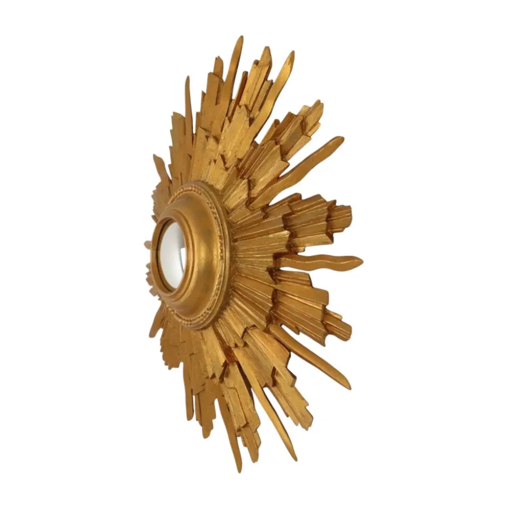 Miroir convexe en bois vintage en forme de soleil, doré, 46 cm