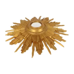Miroir convexe en bois vintage en forme de soleil, doré, 46 cm