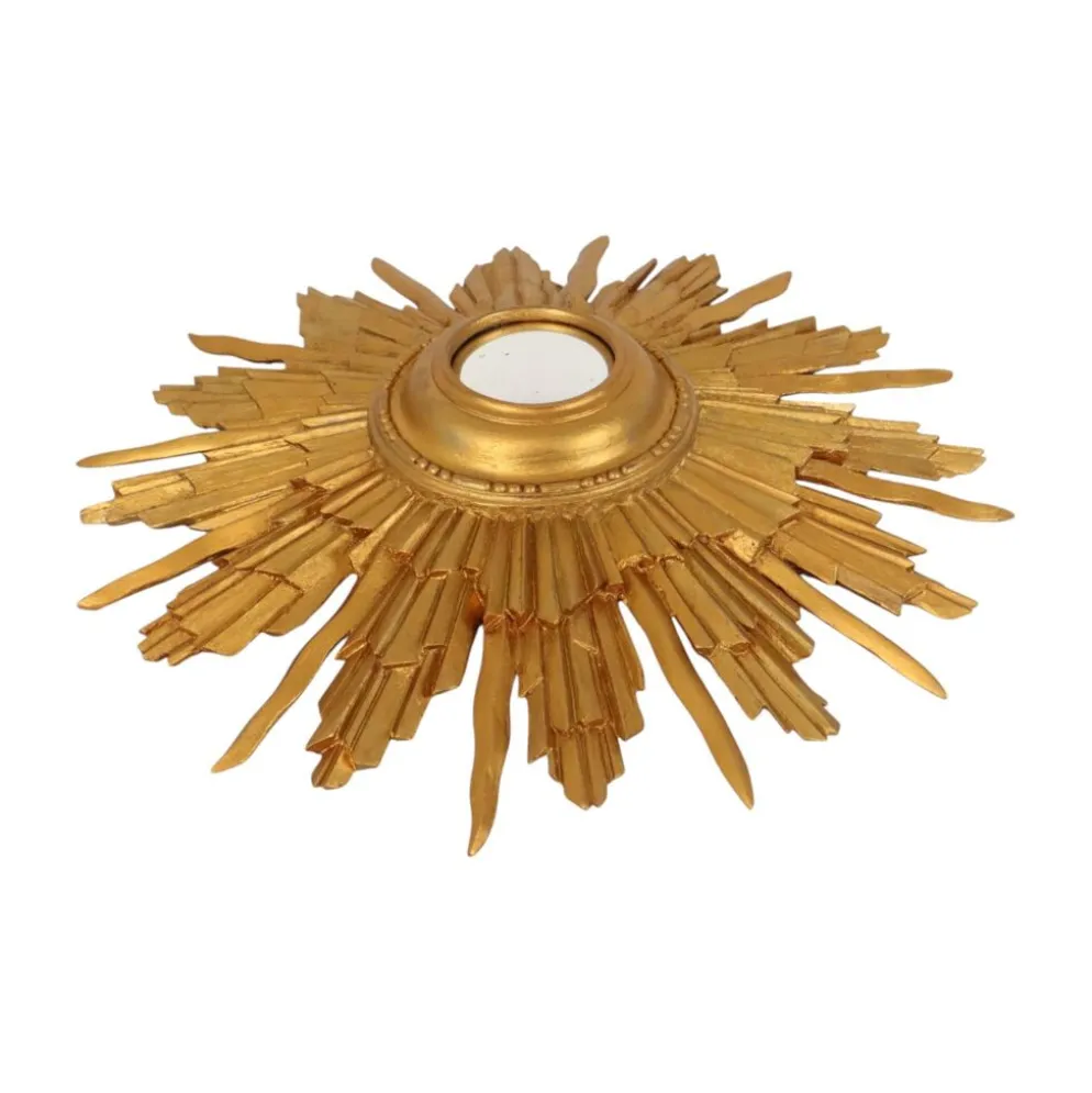 Miroir convexe en bois vintage en forme de soleil, doré, 46 cm