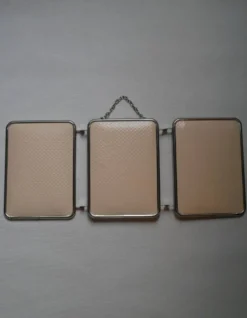 Miroir de barbier triptyque métal chromé simili cuir crème chaînette vintage