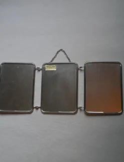 Miroir de barbier triptyque métal chromé simili cuir crème chaînette vintage