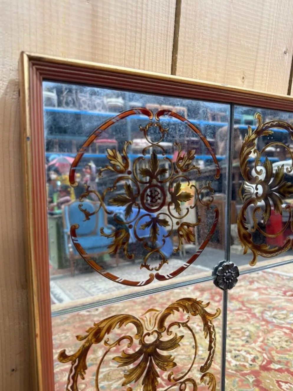 Miroir de brasserie Art Nouveau – Verre églomisé – Bois laqué – Bronze