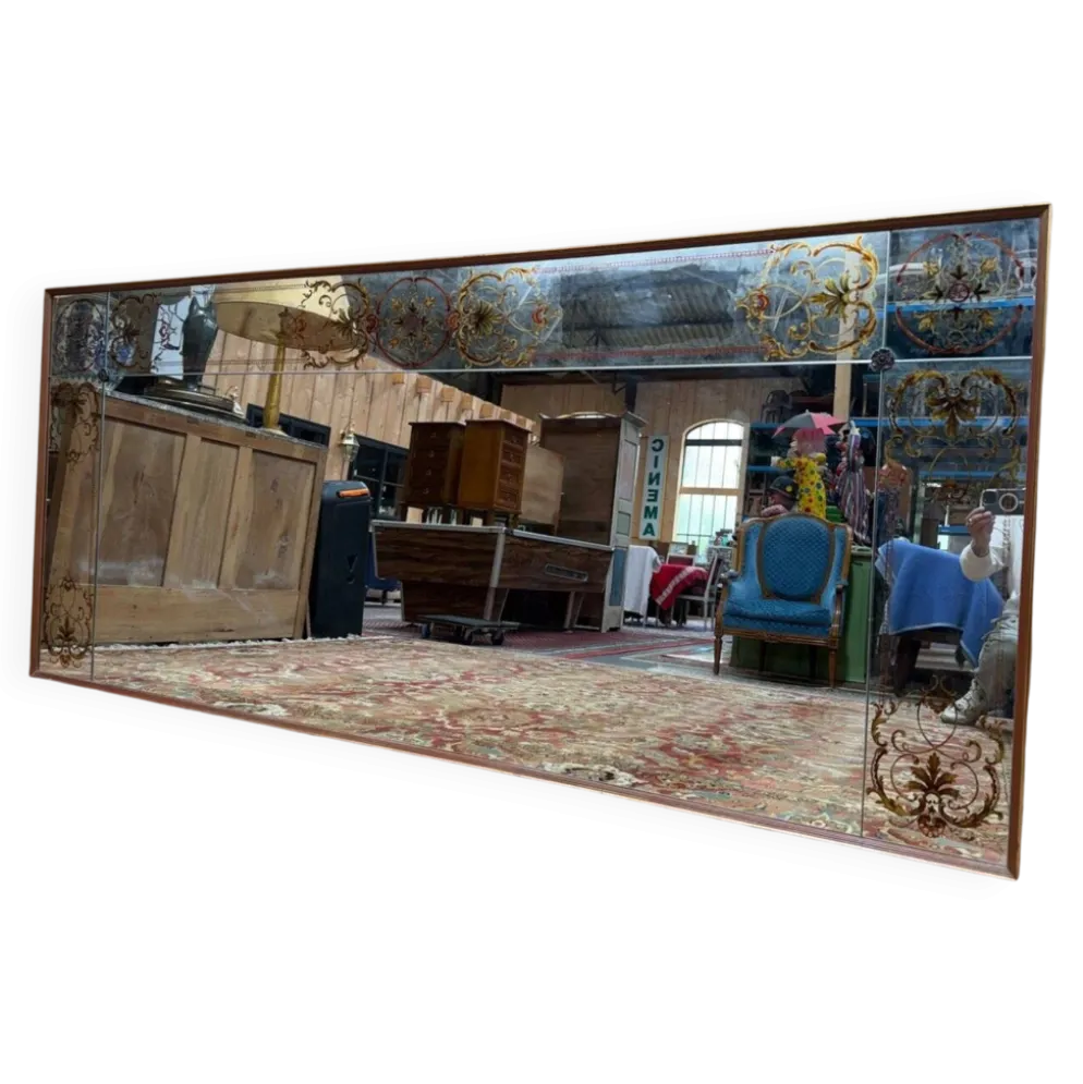 Miroir de brasserie Art Nouveau – Verre églomisé – Bois laqué – Bronze