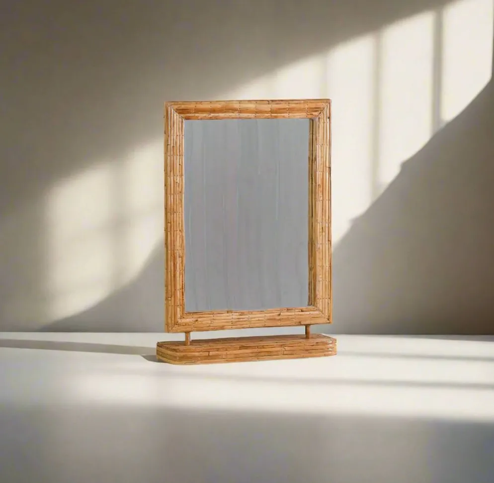 Miroir de courtoisie rectangulaire en rotin de style vintage