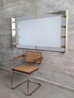 Miroir de maquillage éclairé par Gaetano Sciolari en chrome et laiton, Italie, années 1970