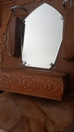 Miroir d'entrée vintage en chêne et ses brosses - années 40 / 50