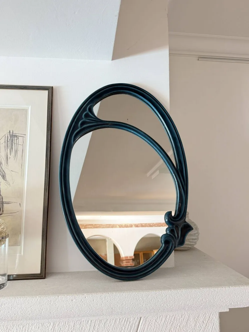 Miroir de style Art Nouveau en fonte émaillée vert impérial – Circa 1980