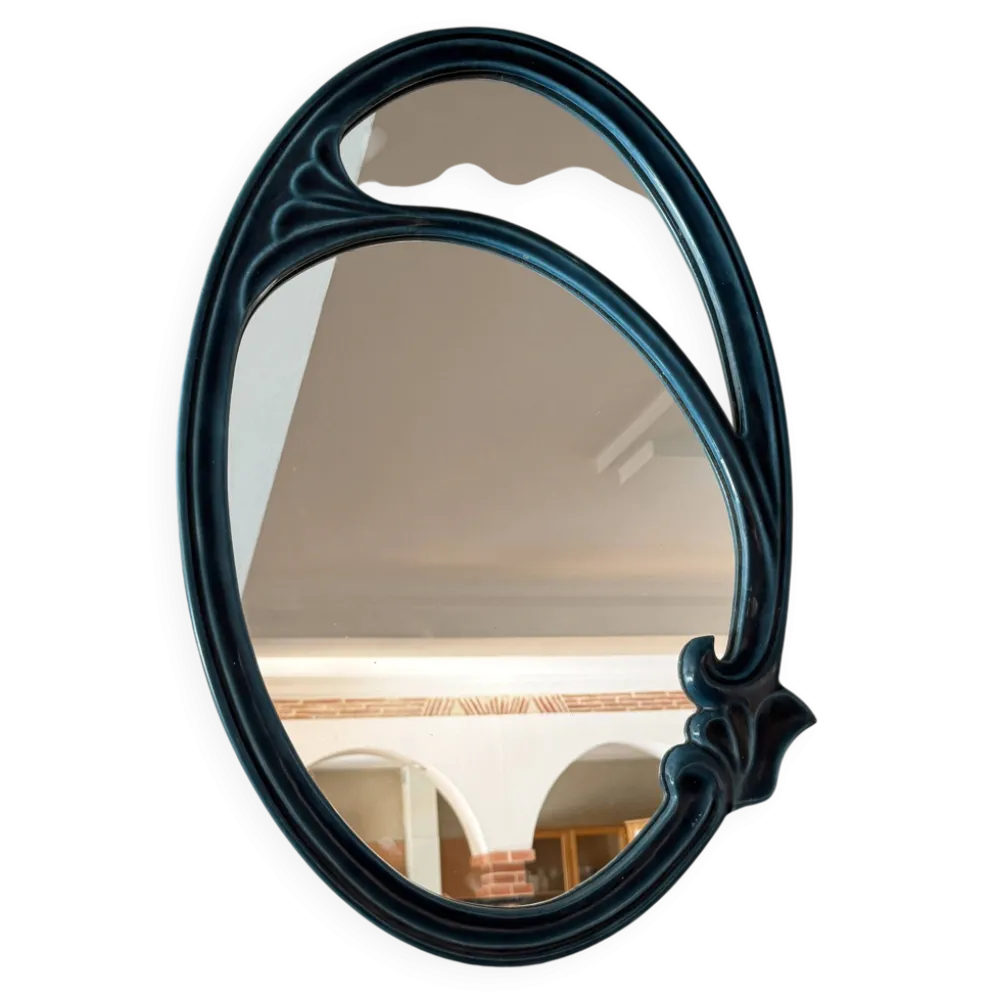 Miroir de style Art Nouveau en fonte émaillée vert impérial – Circa 1980