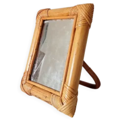 Miroir de table vintage en rotin années 70