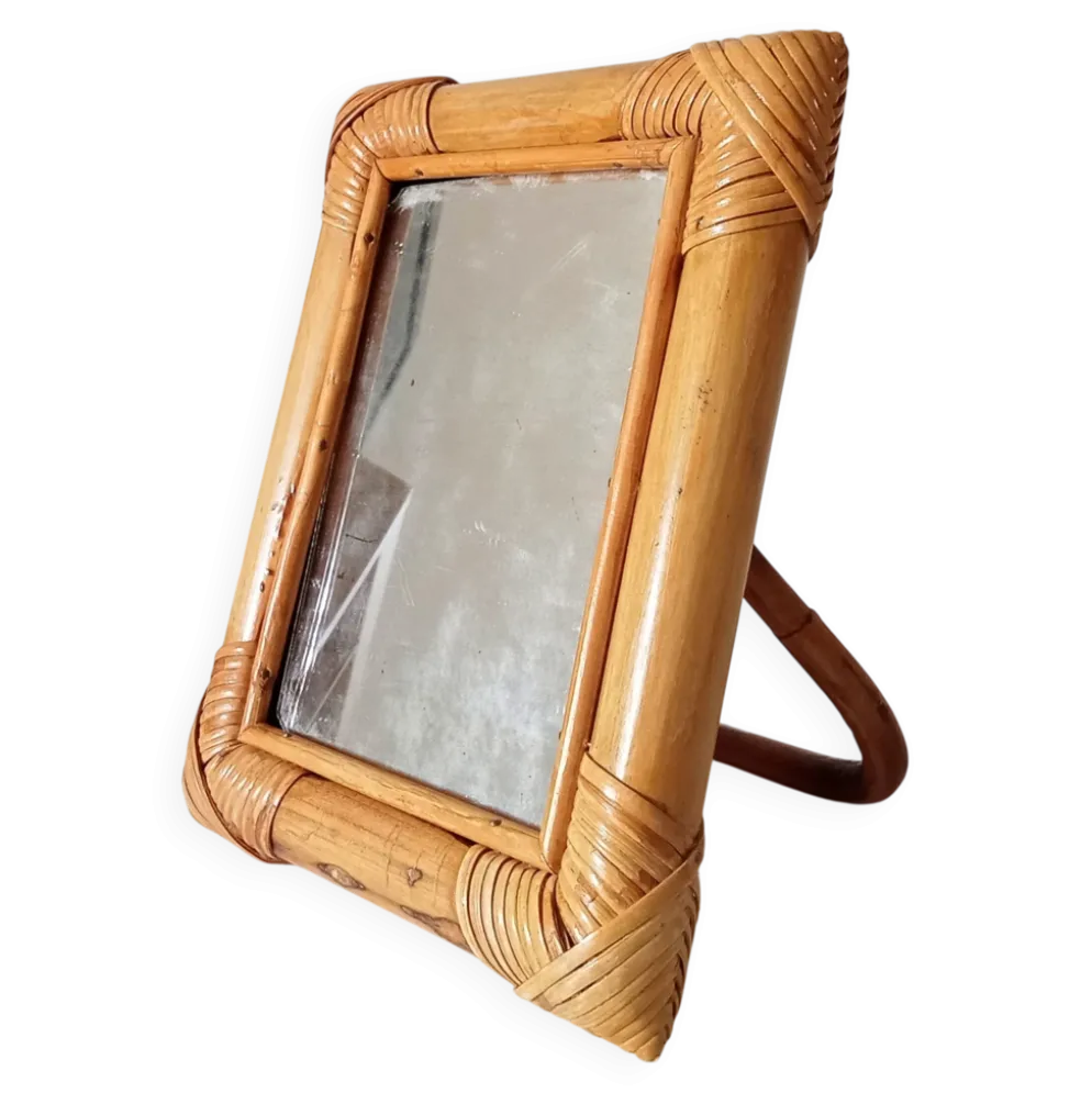 Miroir de table vintage en rotin années 70