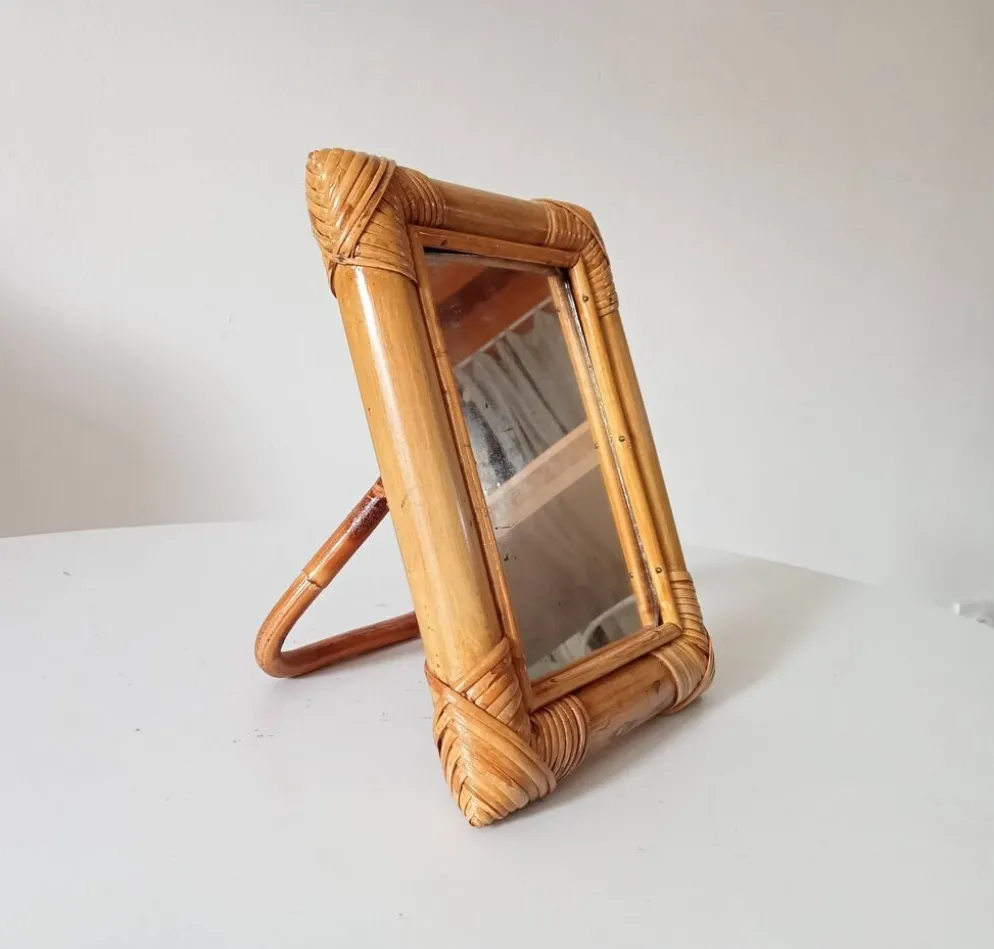 Miroir de table vintage en rotin années 70