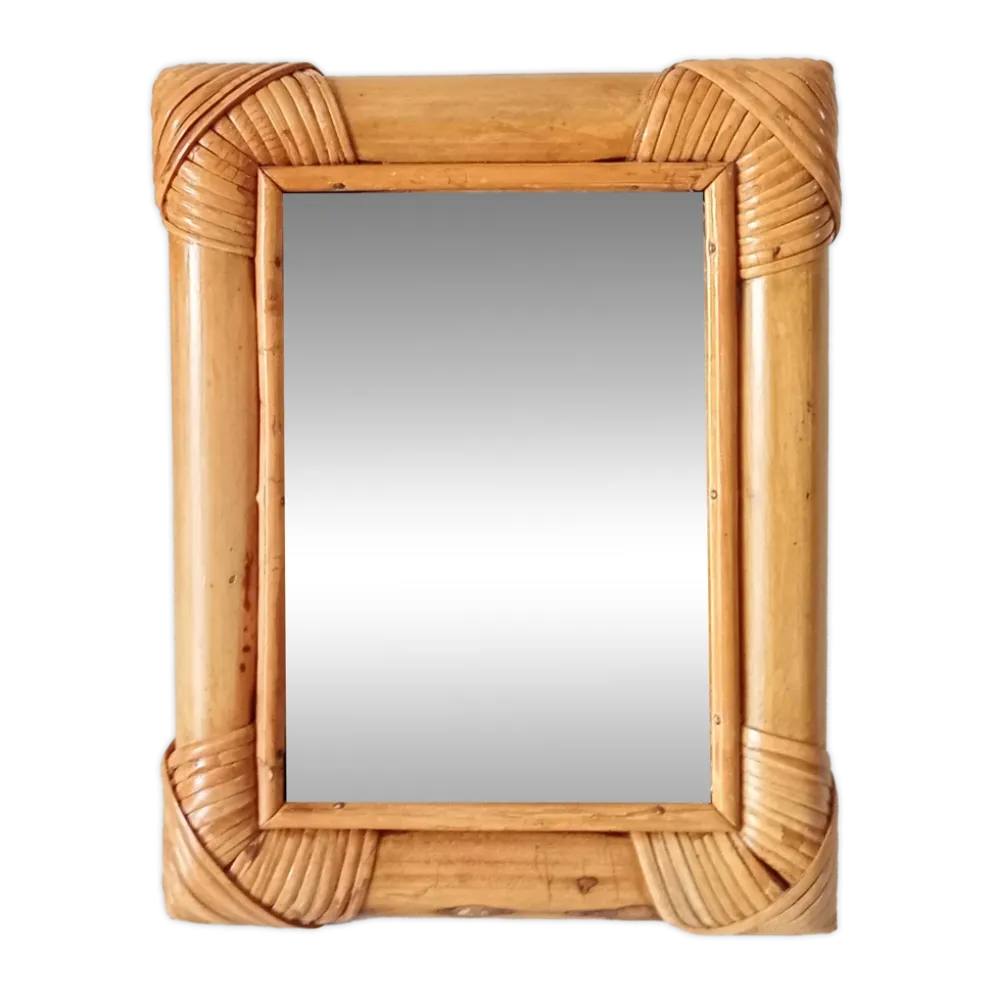 Miroir de table vintage en rotin années 70