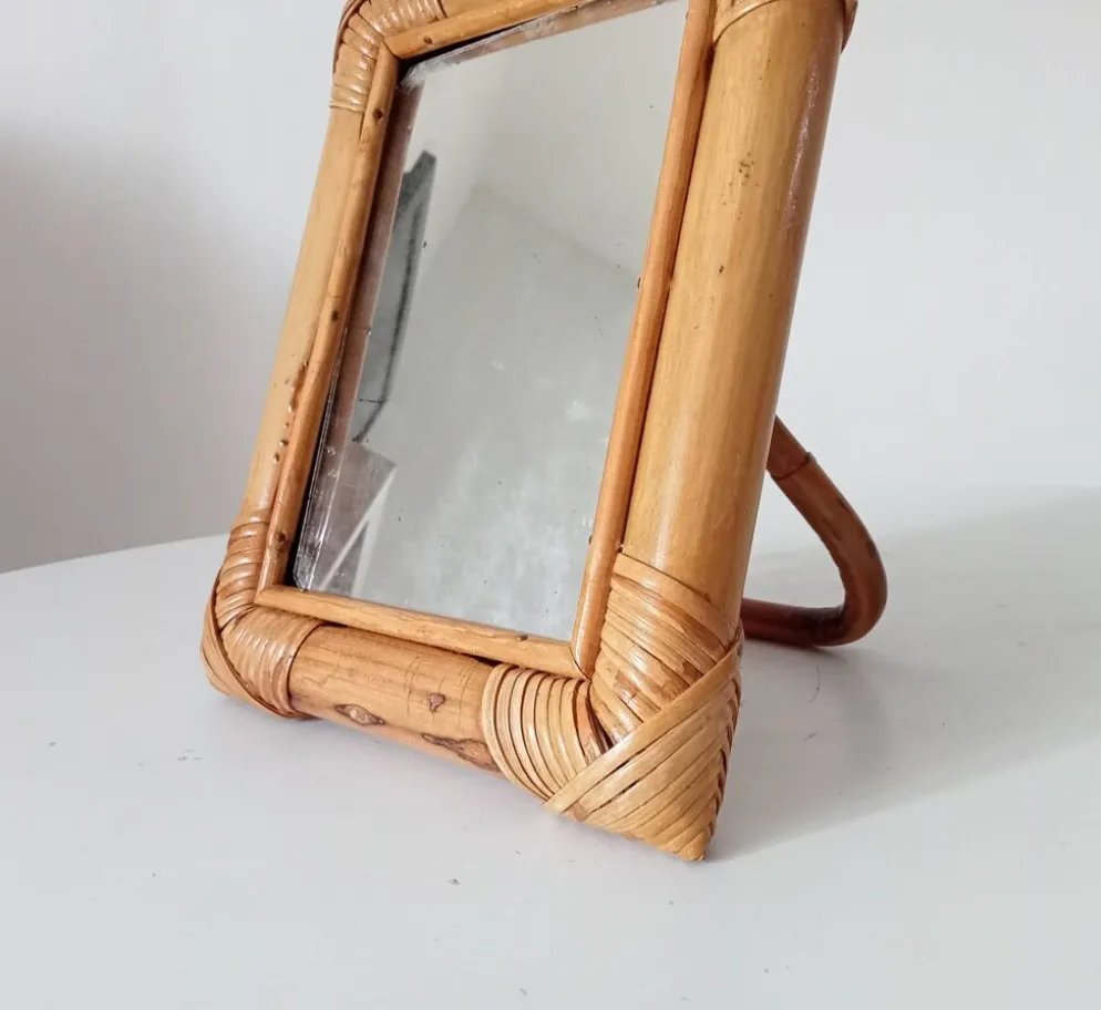 Miroir de table vintage en rotin années 70