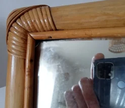Miroir de table vintage en rotin années 70