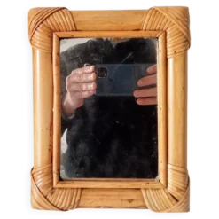 Miroir de table vintage en rotin années 70