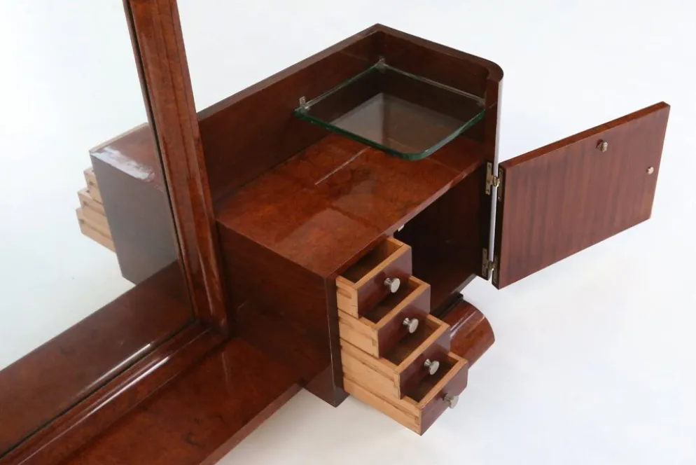 Miroir de toilette Art Déco par De Coene en placage de noyer, Belgique années 1930