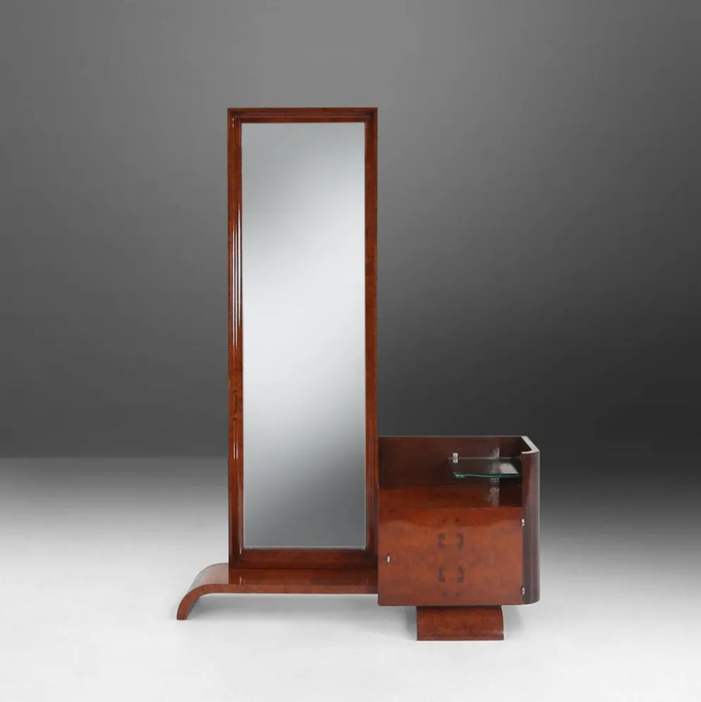 Miroir de toilette Art Déco par De Coene en placage de noyer, Belgique années 1930