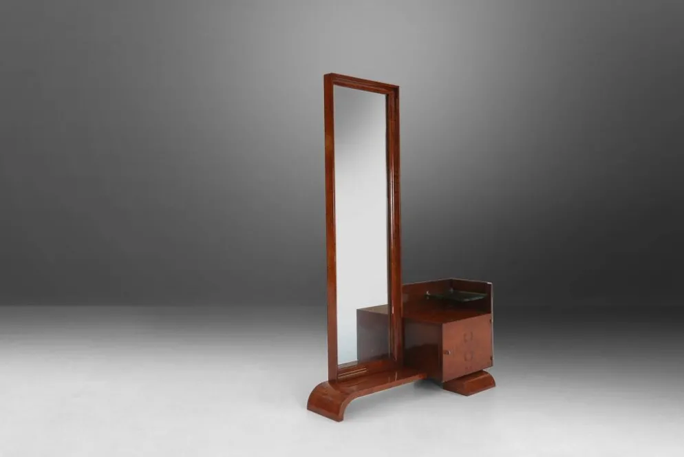 Miroir de toilette Art Déco par De Coene en placage de noyer, Belgique années 1930