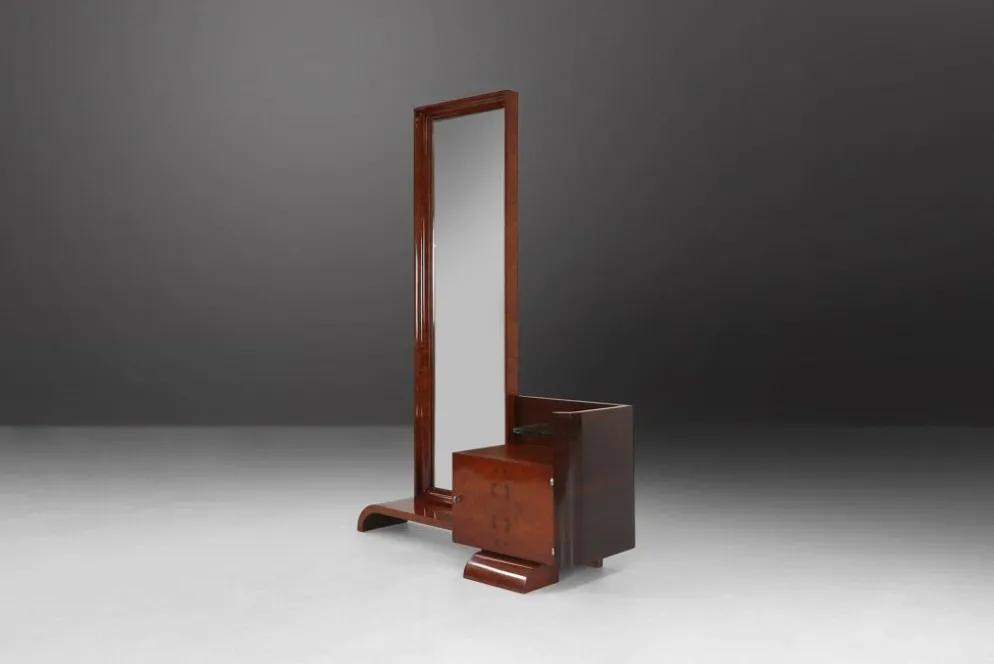 Miroir de toilette Art Déco par De Coene en placage de noyer, Belgique années 1930