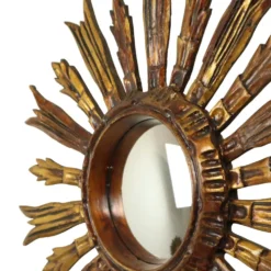 Miroir en bois vintage en forme de soleil, rayons dorés, années 50, 52 cm