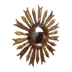Miroir en bois vintage en forme de soleil, rayons dorés, années 50, 52 cm