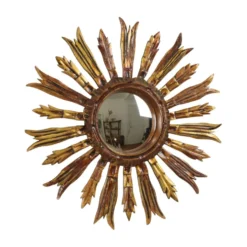 Miroir en bois vintage en forme de soleil, rayons dorés, années 50, 52 cm