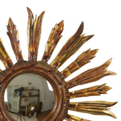 Miroir en bois vintage en forme de soleil, rayons dorés, années 50, 52 cm