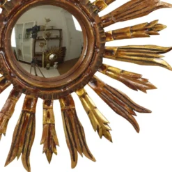 Miroir en bois vintage en forme de soleil, rayons dorés, années 50, 52 cm