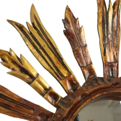 Miroir en bois vintage en forme de soleil, rayons dorés, années 50, 52 cm