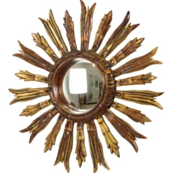Miroir en bois vintage en forme de soleil, rayons dorés, années 50, 52 cm