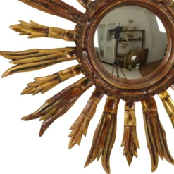 Miroir en bois vintage en forme de soleil, rayons dorés, années 50, 52 cm