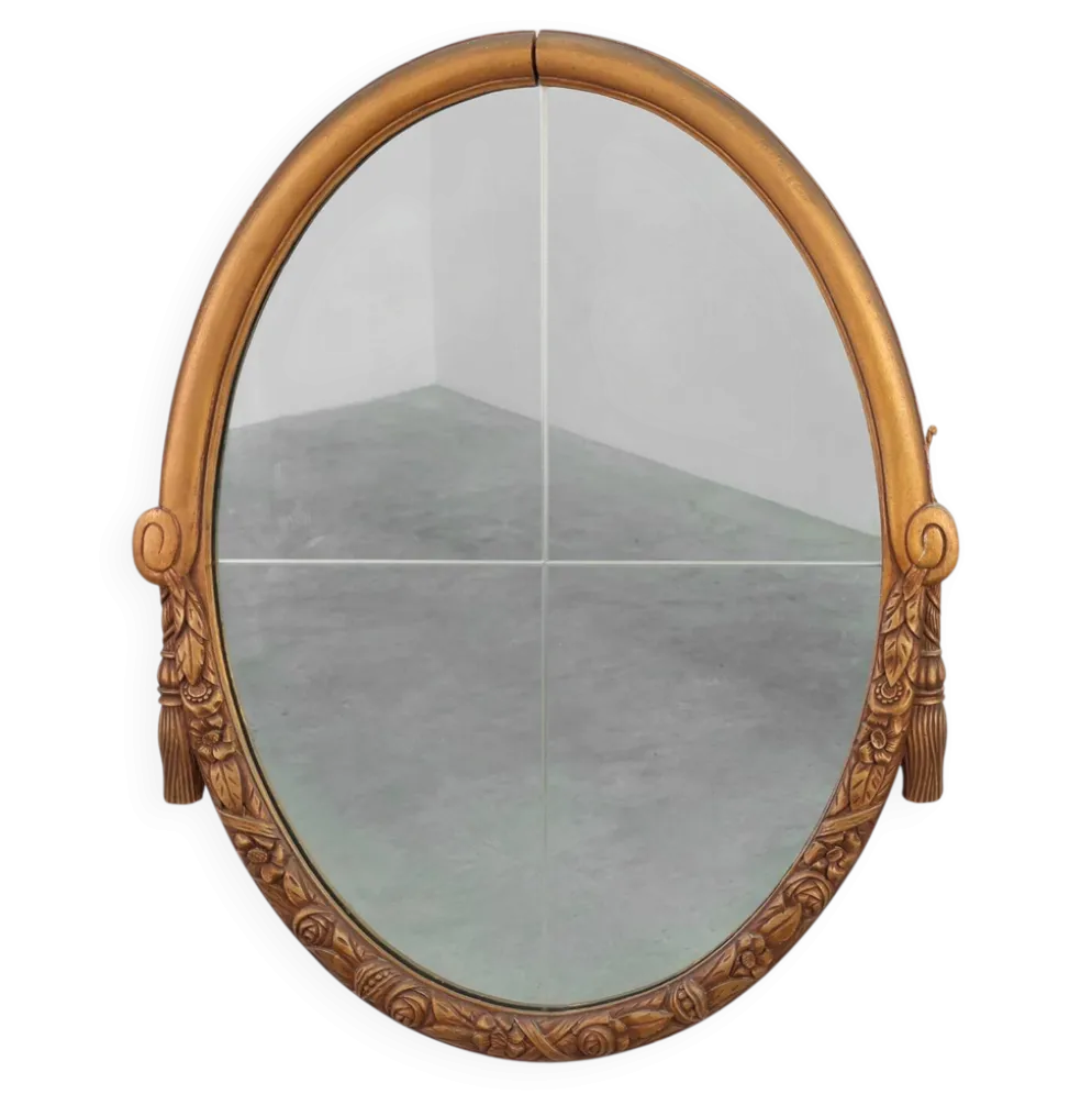 Miroir en chêne doré ovale français sculpté art déco, vers 1925