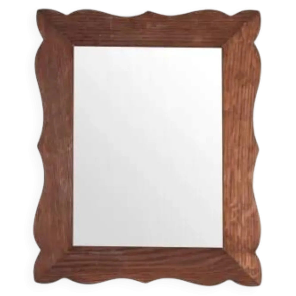 Miroir en chêne vintage des années 1970 avec cadre ondulé en forme de coquille.