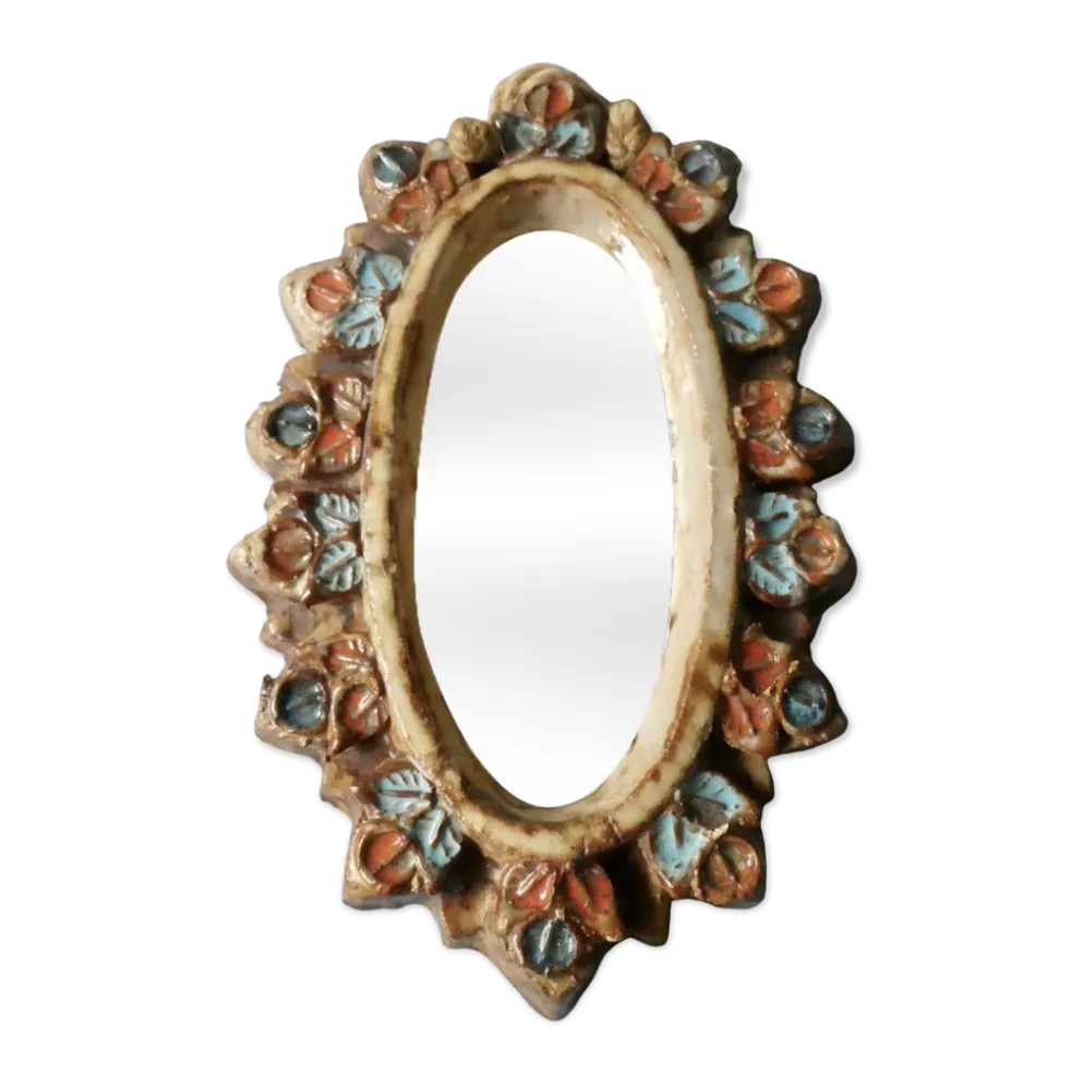 Miroir en céramique, fleurs émaillées, Vallauris