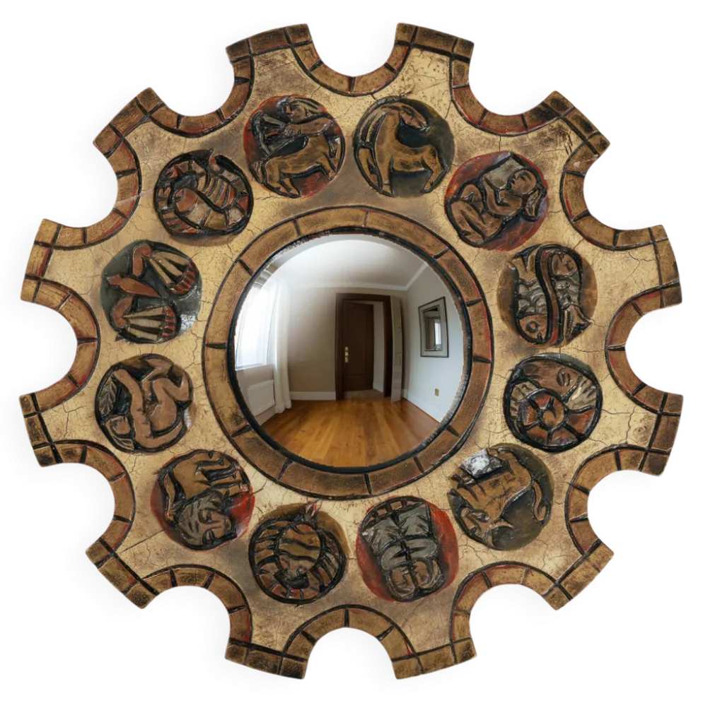 Miroir en forme de soleil du zodiaque espagnol avec cadre en bois doré sculpté rouge, Arnolfini, années 1950.