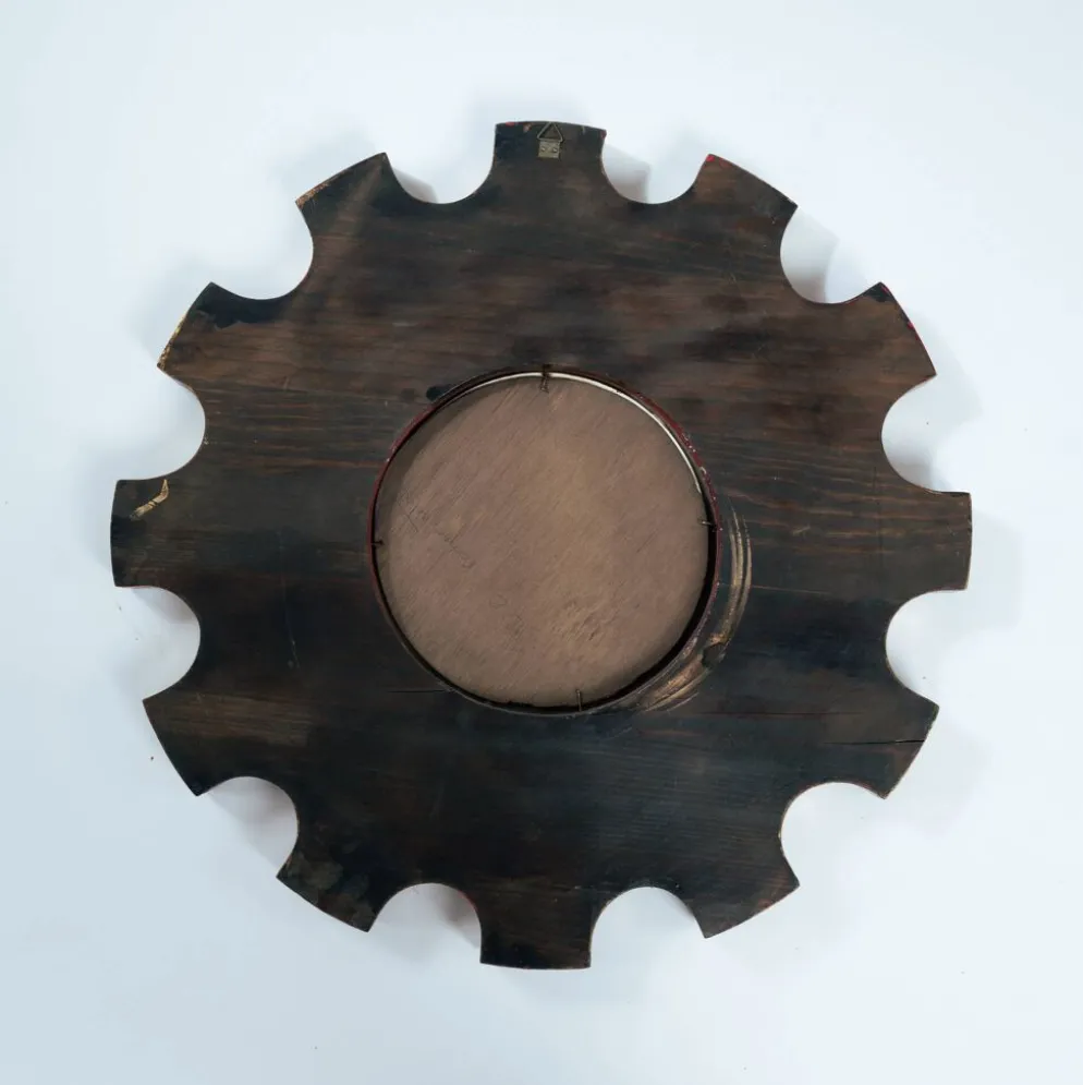 Miroir en forme de soleil du zodiaque espagnol avec cadre en bois doré sculpté rouge, Arnolfini, années 1950.