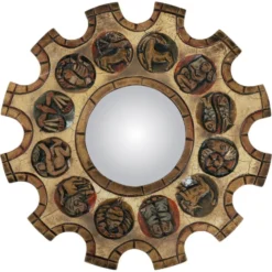 Miroir en forme de soleil du zodiaque espagnol avec cadre en bois doré sculpté rouge, Arnolfini, années 1950.