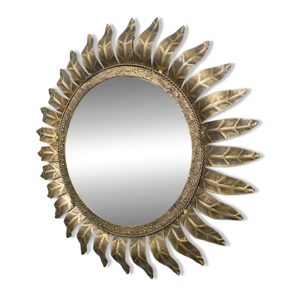 Miroir en forme de soleil en feuille d'or dorée du milieu du siècle français
