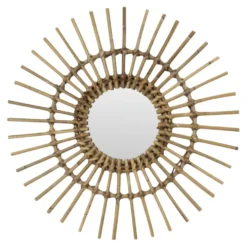 Miroir en rotin et bambou en forme de soleil du milieu du siècle, France, 58 cm