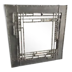 Miroir en étain sur support bois de style brutaliste