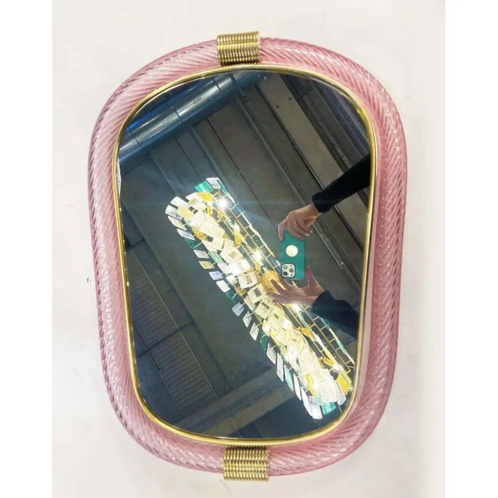Miroir en verre de Murano rose vénitien de luxe avec accents en torciglione torchon