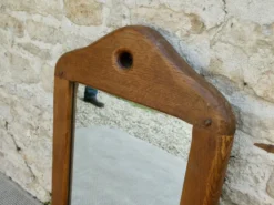 Miroir et portemanteau mural à 2 patères en bois massif, années 60